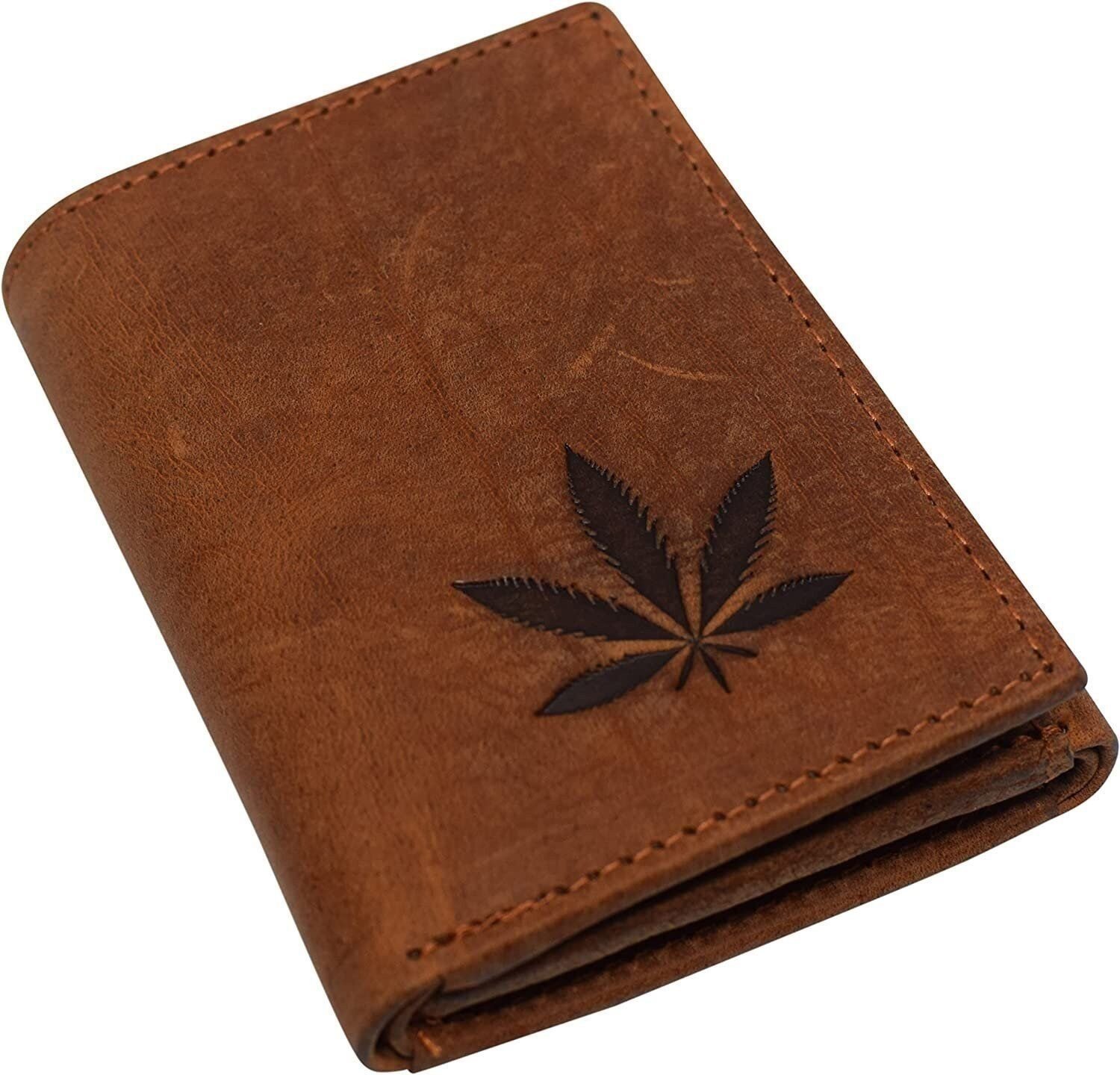 Marijuana Leaf Men's Real Leather RFID Blocking Trifold Wallet with Outside...