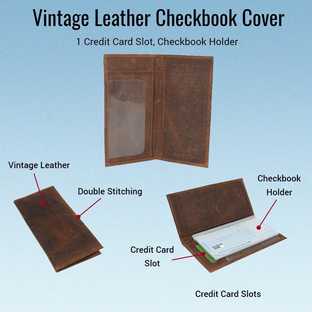 CAZORO Premium Vintage Leather RFID Blocking Slim Checkbook Cover Wallet (Brown)