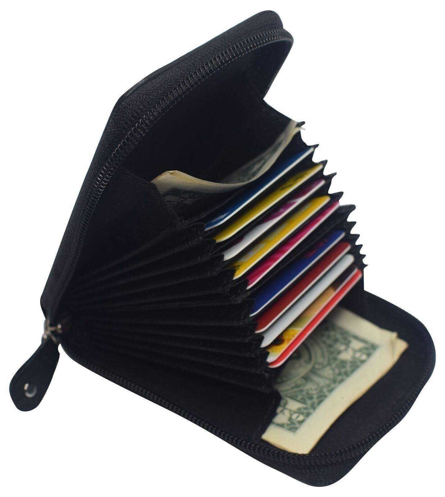Genuine Leather RFID Accordion Credit Card Holder with Zipper for Women Ladies W