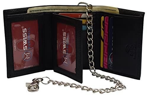 Swiss Marshall Men's RFID Blocking Premium Leather Chain Trifold Wallet (Black with 15 inch Nickle Chain)