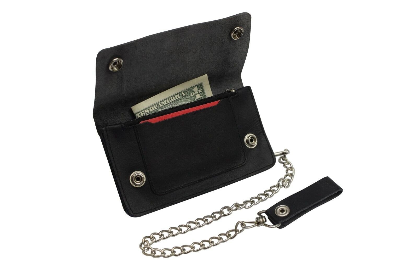 Black Genuine Leather Motorcycle Trucker Biker Chain Wallet With Inside Zipper