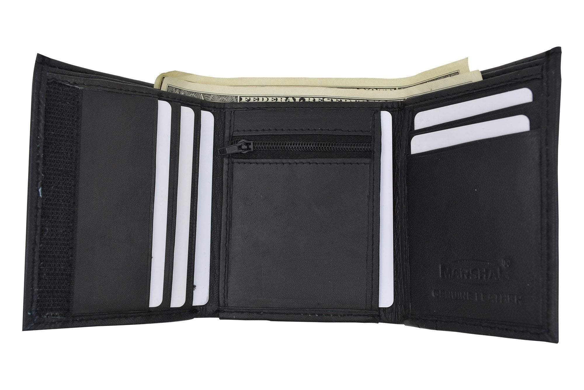 Mens Trifold Lambskin Wallet with Center Zipped Slot for Coins 564