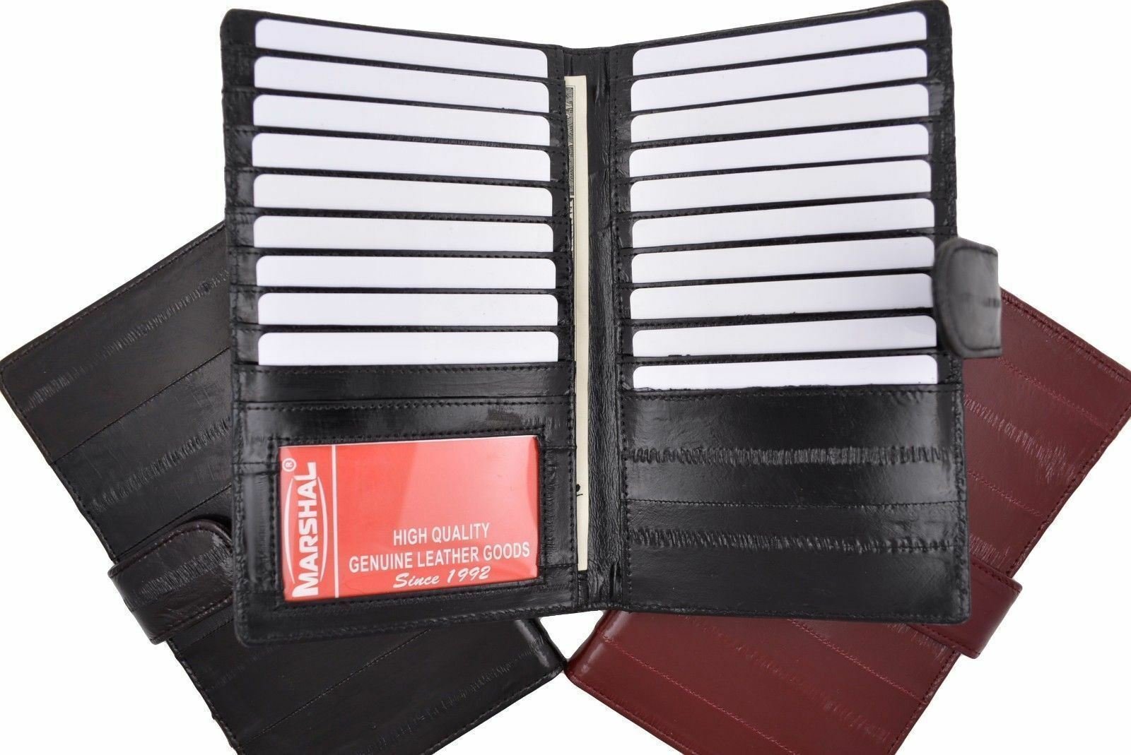 Eel Skin Leather Credit Card Holder Wallet 19 Card Slots & ID Window with Snap