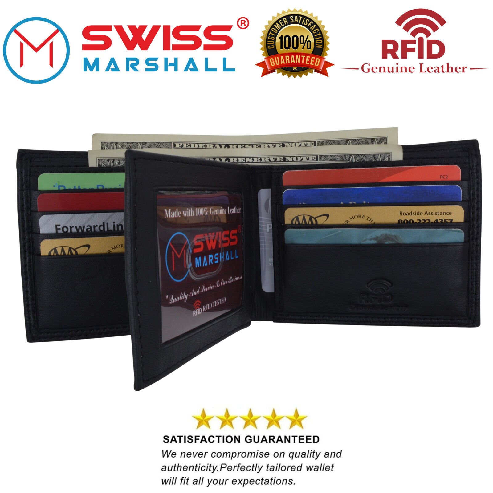 Swiss Marshall Men's RFID Blocking Premium Leather Bifold Multi-Card Compact Center Flip Wallet