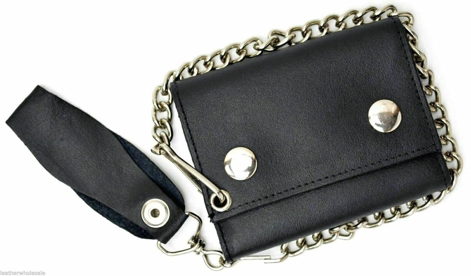 Trifold Chain Wallet for Mens Biker Black Leather Credit Card Holders