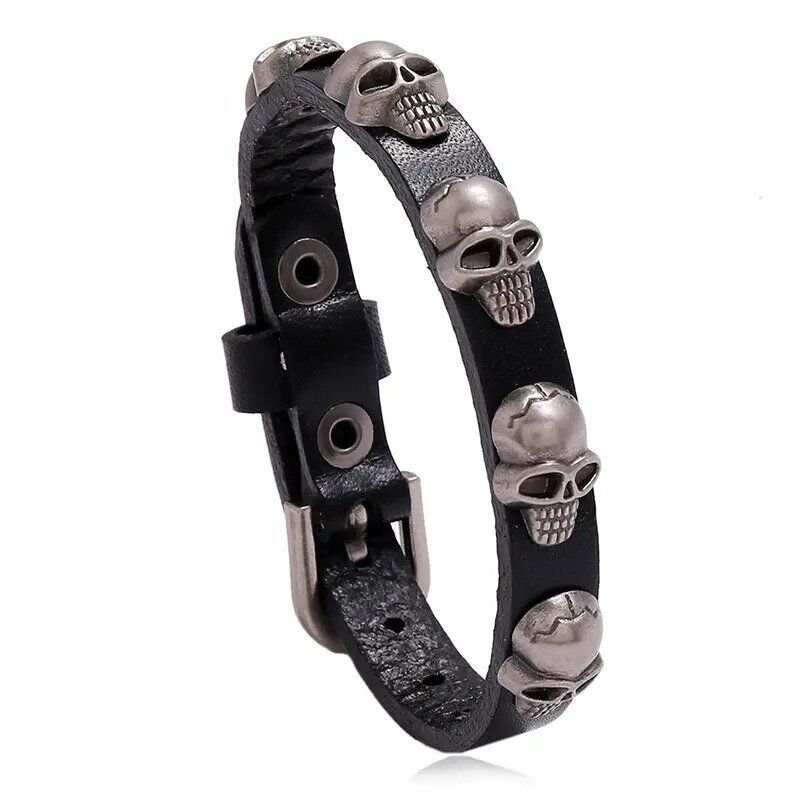 Punk Skull Leather Bracelet Hip Hop Jewelry for Men Adjustable Vintage Bracelets