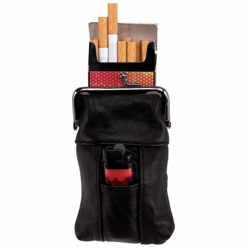 BLACK Genuine LEATHER LIGHTER & CIGARETTE CASE Smoke Tobacco Pocket Holder  Pouch