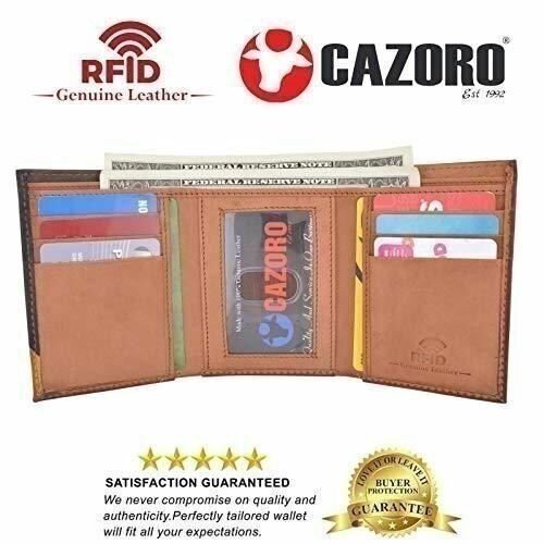 Cazoro Men's Wallet RFID Genuine Leather Slim Trifold with ID Window and Card Sl