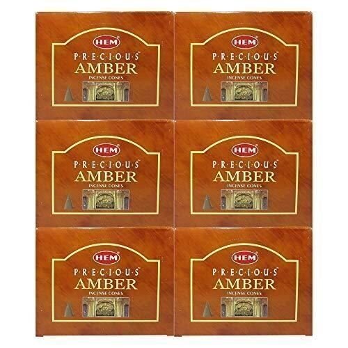 Hem Precious Amber Pack of 6 Incense Cones Boxes, 10 Cones Each