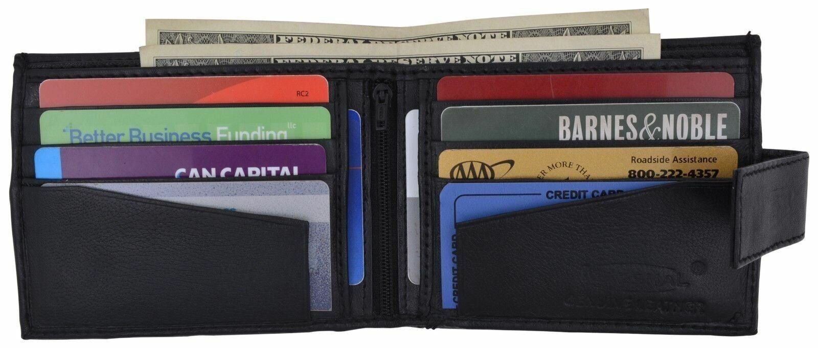 Mens Soft Leather Zippered Pocket Bifold Wallet W/Snap Enclosure & Outside ID
