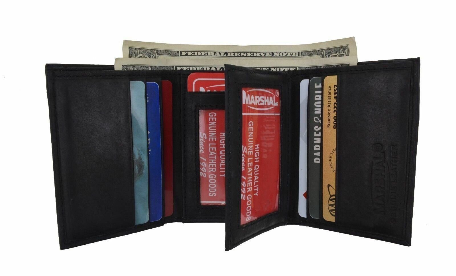 Leather Trifold 6+ Credit Card 2 ID Window Wallet Black Men's Wallet