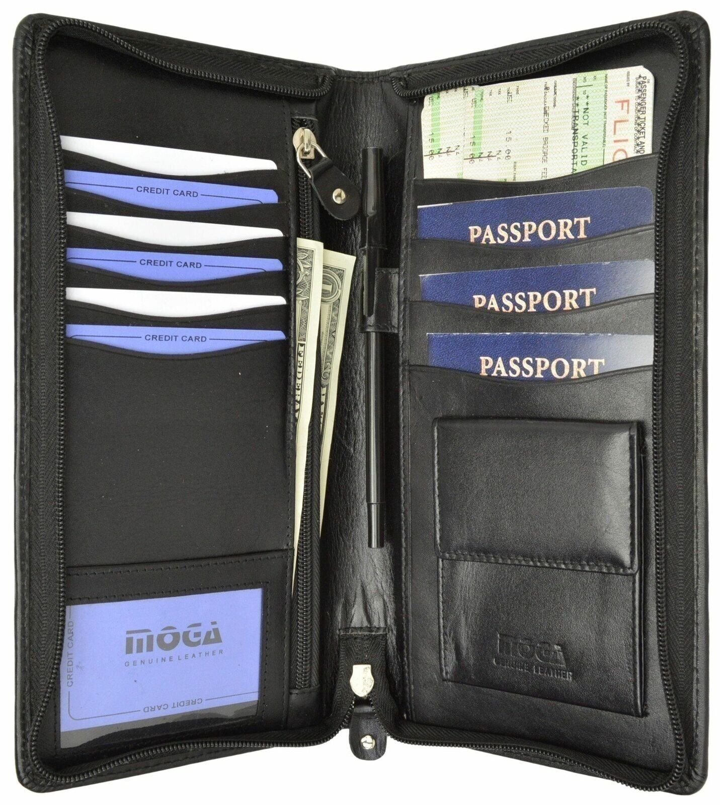 Leather Travel Wallet & Passport Holder holds 4 Passports Credit Cards ID Travel