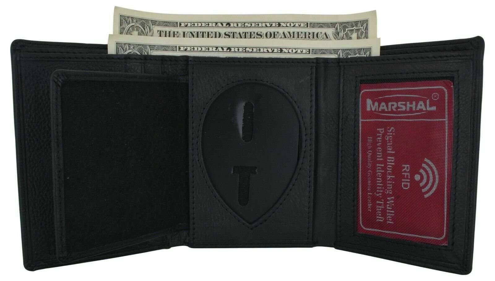 RFID Blocking Genuine Leather Trifold Badge ID Card Holder Wallet Black