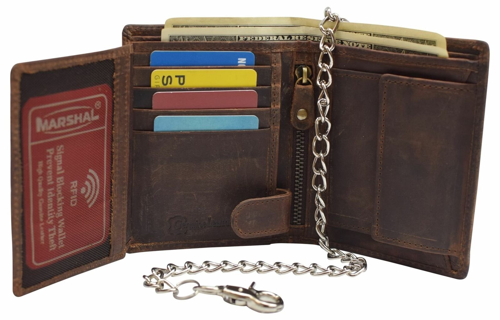 Men's Chain Biker Vintage Leather RFID Blocking European Style Bifold Trifold Wallet with ID Window (Brown No Chain)
