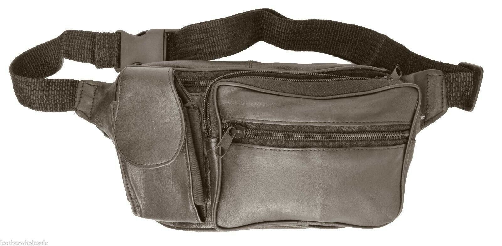 Brown Solid Leather Fanny Pack 5 Pocket Travel Waist Belt Bag Cell Phone Holder