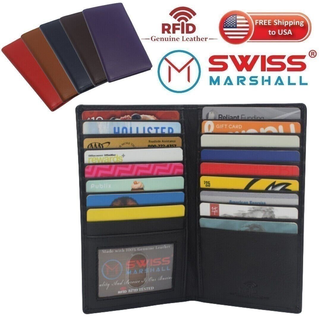 RFID Blocking Genuine Leather Mens Long ID 17 Credit Card Security Wallet Colors