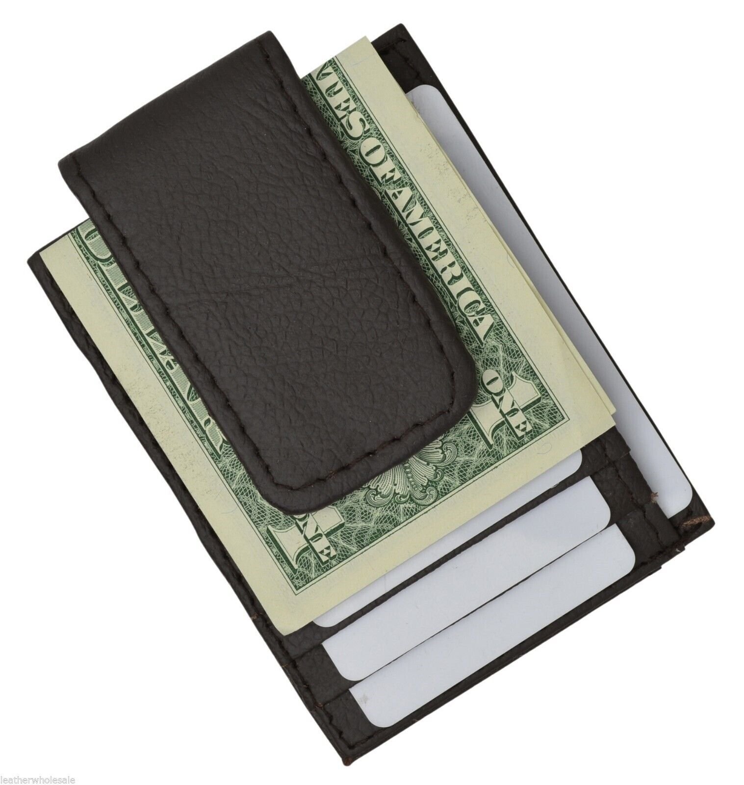 Leather Magnetic Money Clip Slim Credit Card Id Holder Brown Men's Wallet