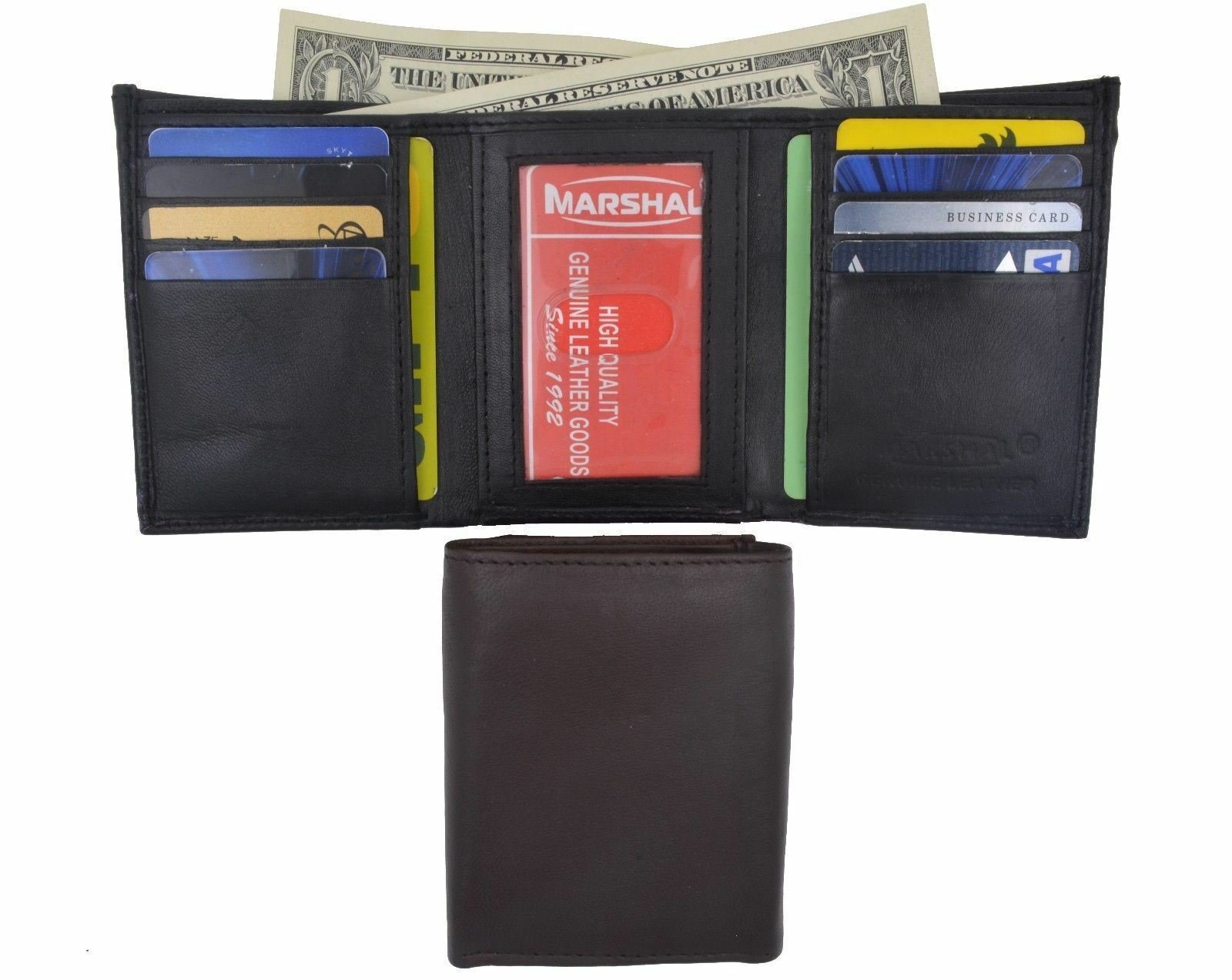 Men's Genuine Leather Trifold Wallet Black Brown 8 Credit Card slots ID window