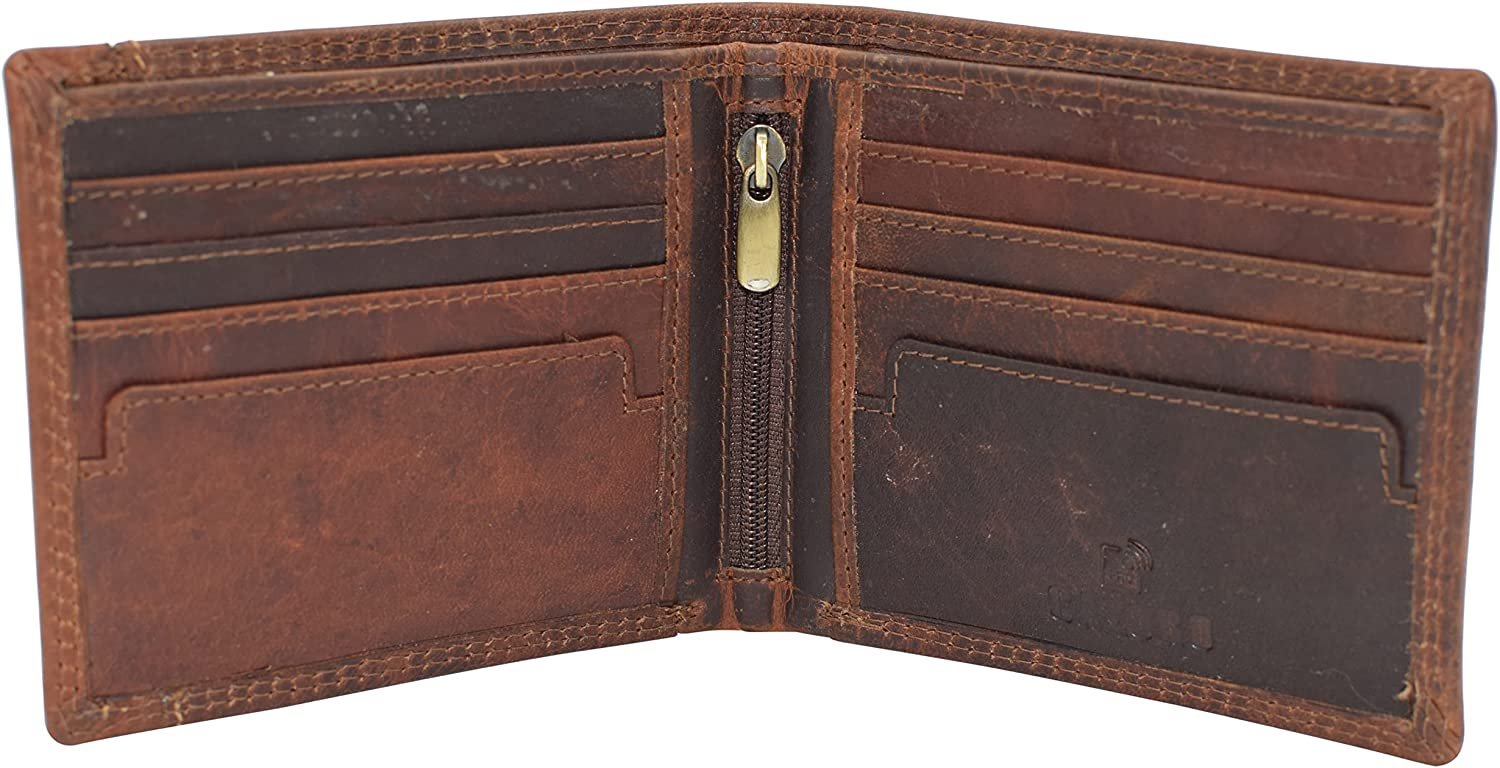 Men's Vintage Leather RFID Blocking Bifold Removable Card ID Window Wallet for Men Gift Box (Burgundy)