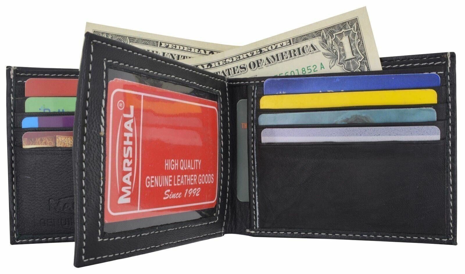 Mens Genuine Leather Black Center Flap Credit Card ID Holder Slim Bifold Wallet