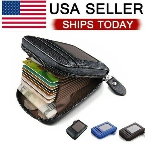 Genuine Leather Men Wallet Credit Card Holder RFID Blocking Zipper Pocket Thin