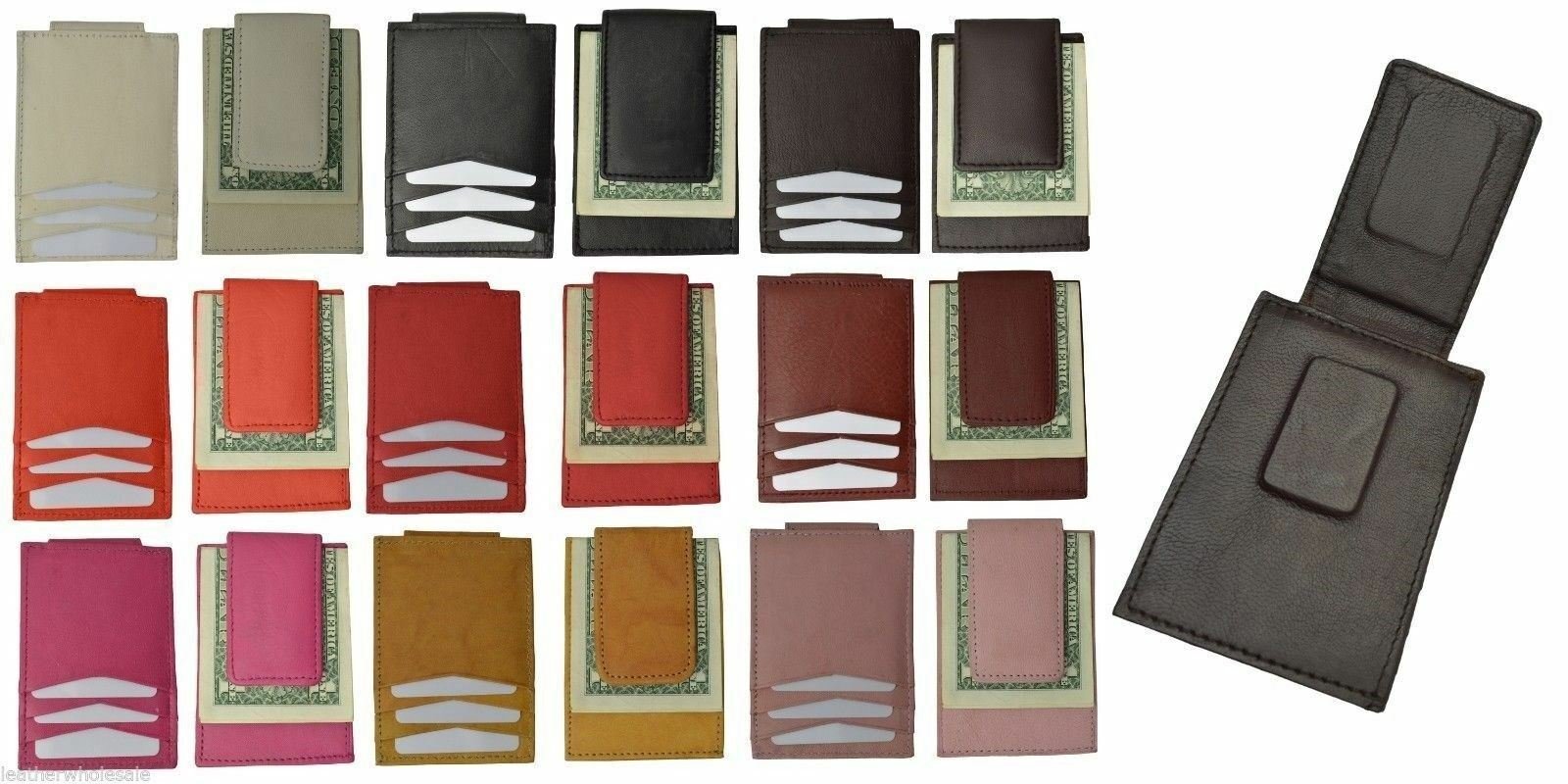 Genuine Leather Mens Slim Magnetic Money Clip Credit Card Holder Compact Colors