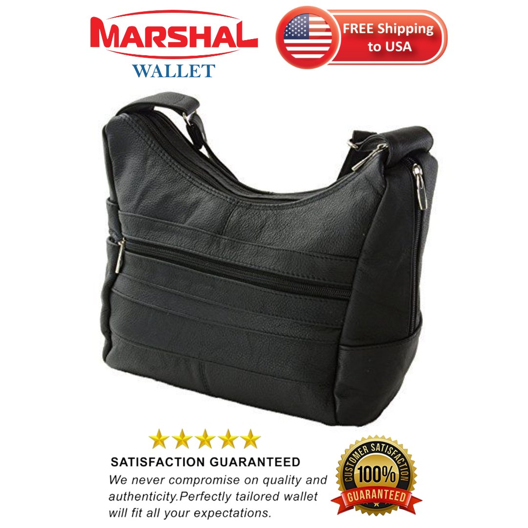 Womens Genuine Leather Purse Adjustable Strap Mid Size Multi Pocket Shoulder Bag
