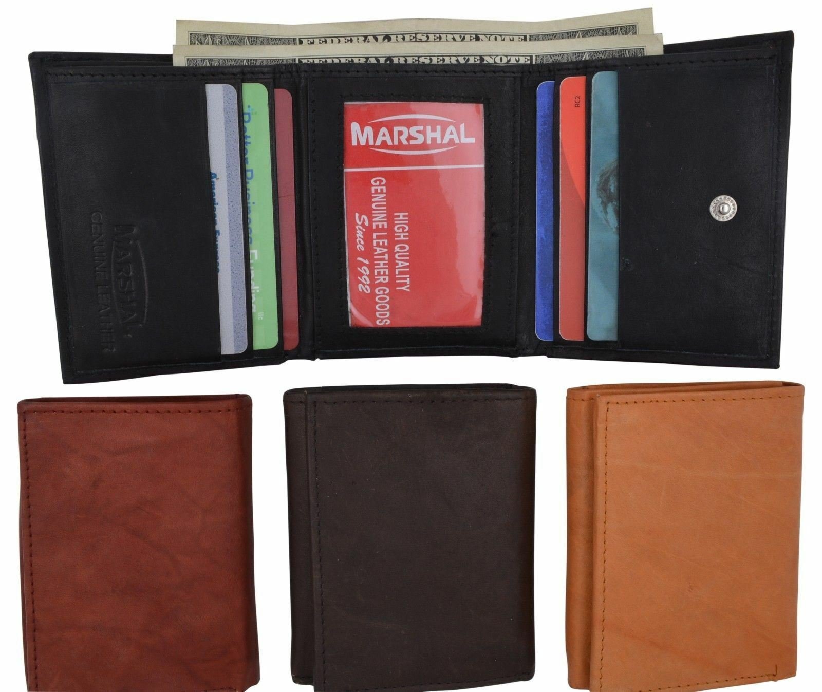 Mens Genuine Cowhide Leather ID Card Holder Trifold Wallet with Coin Pouch