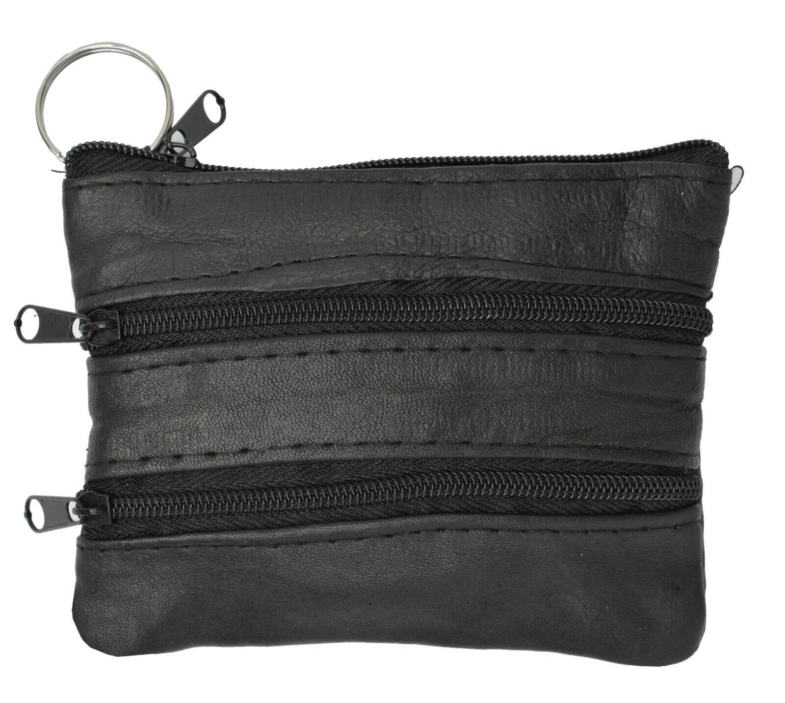 Black Leather Coin Purse / Mini Wallet / Key Pouch - 3 Zippered Sections