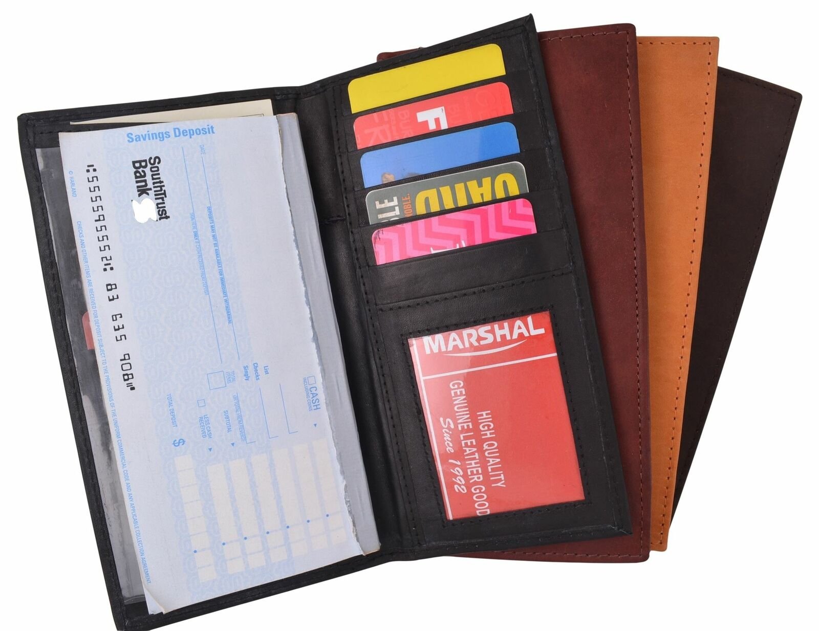 Marshal Slim Leather Checkbook Cover with Credit Card Slots and Pen Holder (Tan)