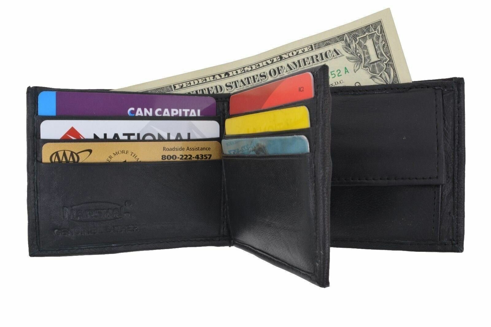 Mens Bifold Leather Wallet Front/Back 2 ID Center Flap with Secure Coin Pocket