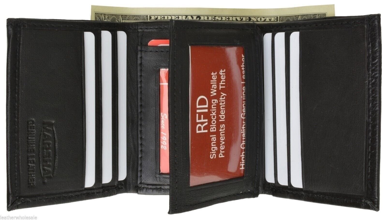 Mens Trifold Leather Wallet RFID Blocking Black New Marshal!