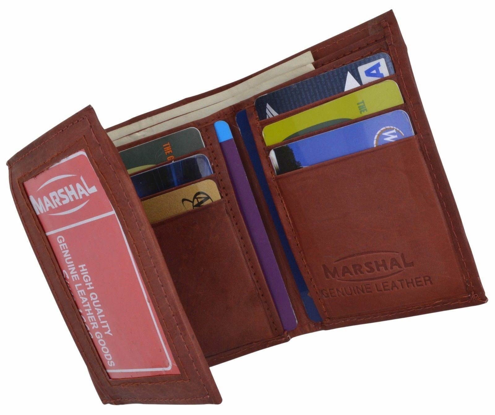 Genuine Leather Credit Card Holder W/ Outside ID Window Trifold Wallet Burgundy