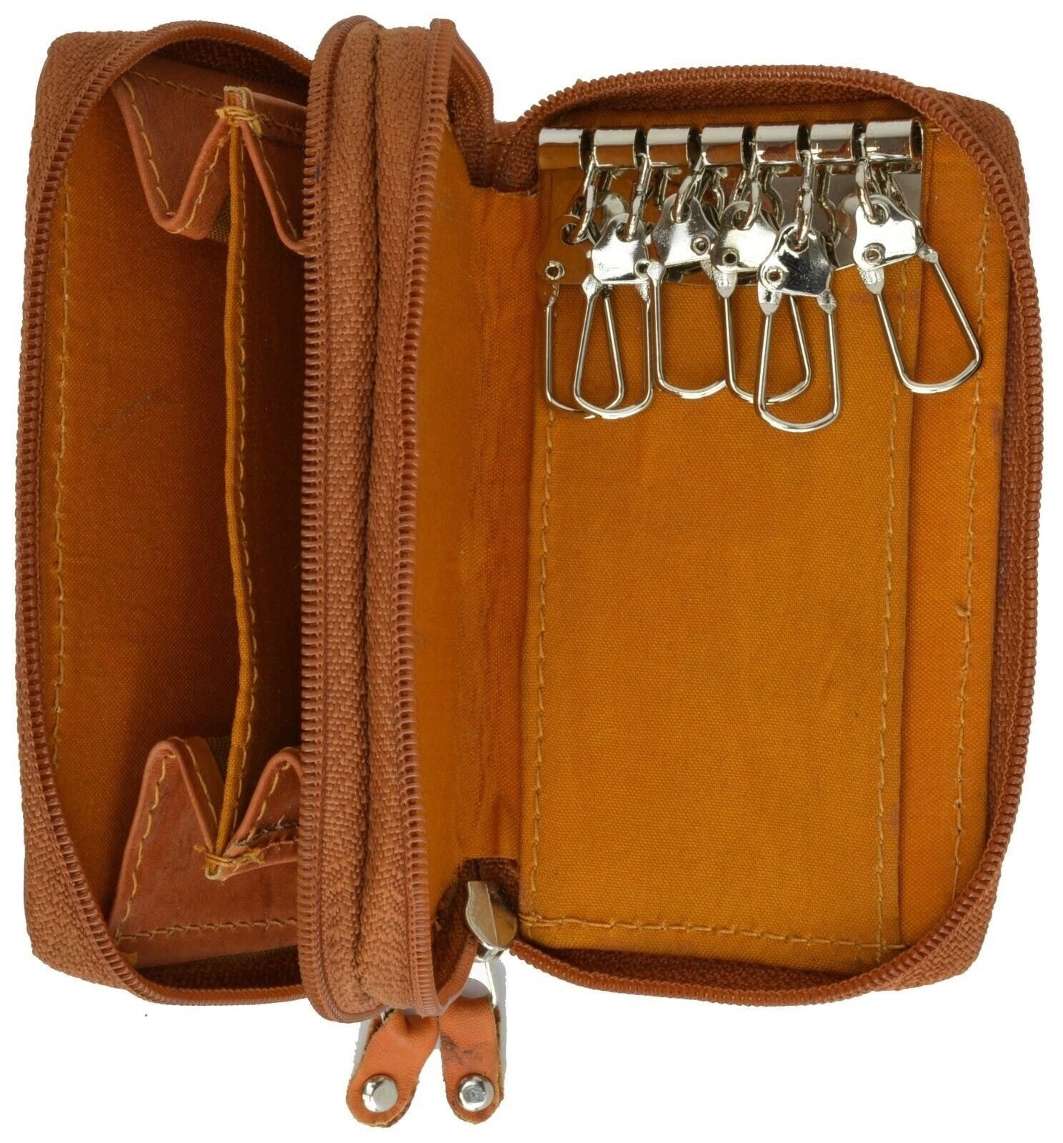 Genuine Leather Men's Key Holder Double Zip around 6 Key Chain Wallet Case Tan
