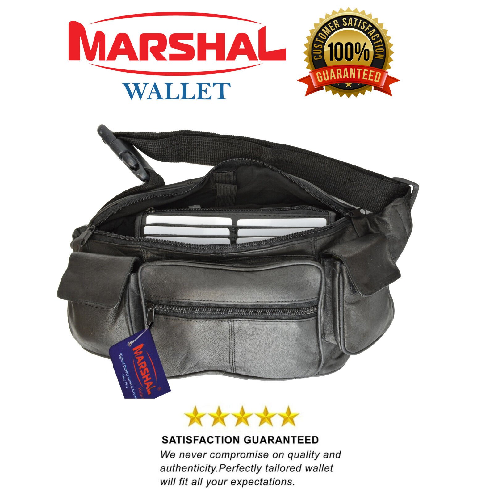 Large Black Solid Leather Waist Fanny Pack Belt Bag Travel Hip Purse Mens Womens