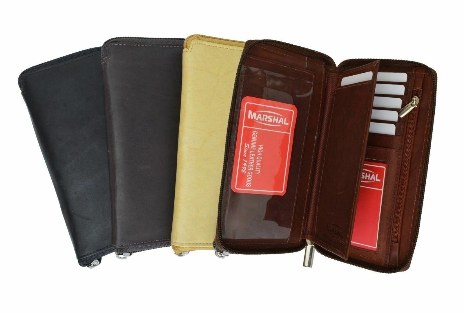 Genuine Leather Checkbook Cover Zippered W Credit Cards Black Brown Tan Burgundy