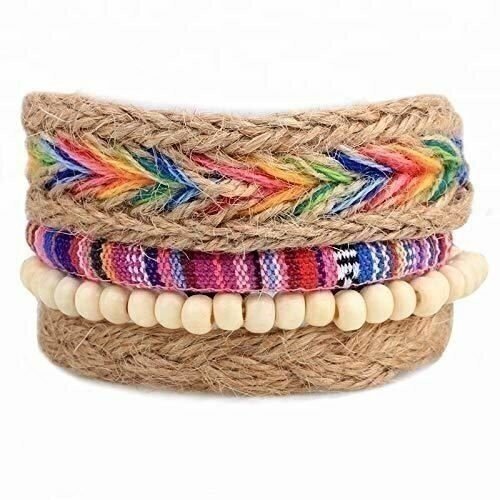Marshal 4pcs Men Women Linen Hemp Cords Wood Beads Ethnic Tribal Adjustable Brac