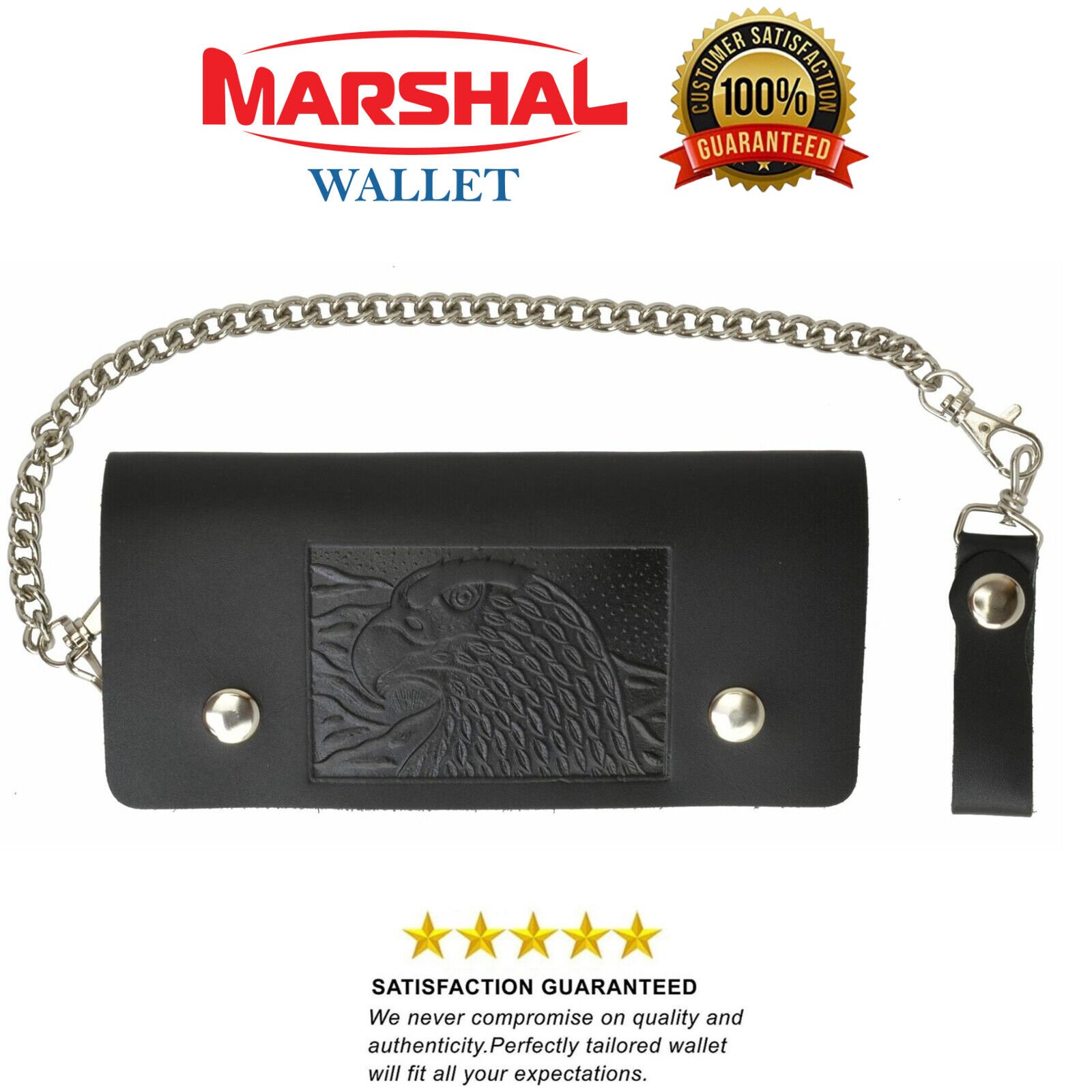 Marshal Leather Men Large Eagle Wallet with Chain Biker Trucker Black