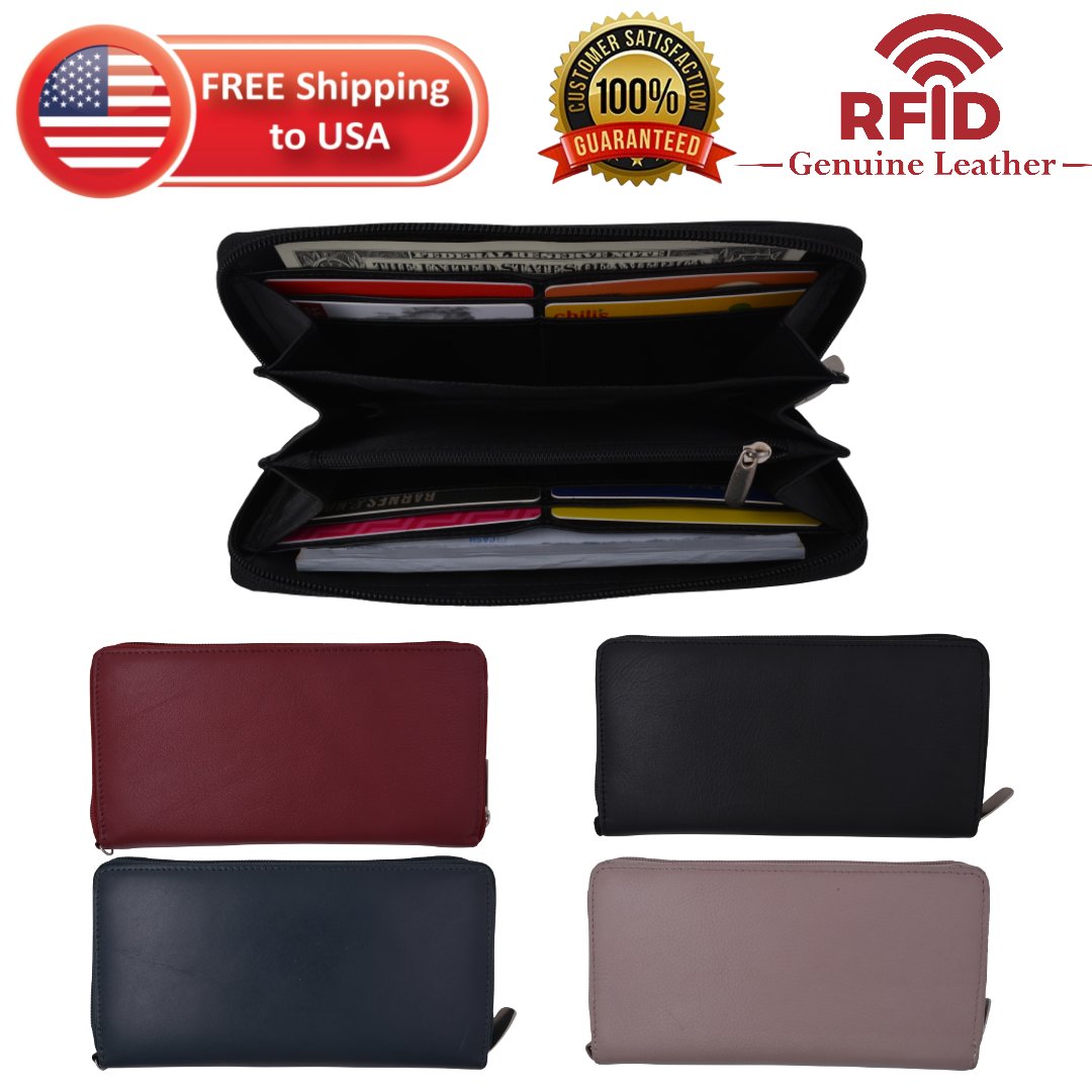 Genuine Leather Women's Long Clutch Zip Around Wallet RFID Blocking Card Holder