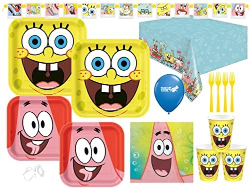 Peach State Party Supplies Spongebob Birthday Party Supplies Bundle Table Set with Plates, Napkins, Table Cover, Cups, and Forks for 16 Guests, Girl's
